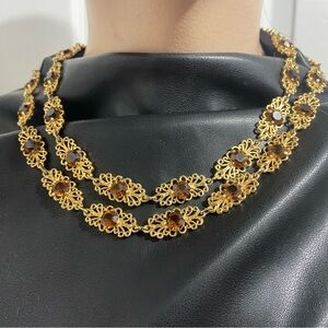 1960’s Elegant Gold Tone Double Filigree and Amber Rhinestone Necklace
